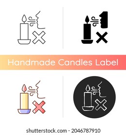 Never blow out candle flame manual label icon. Smoke and soot appearance risk. Avoid wax splashes. Linear black and RGB color styles. Isolated vector illustrations for product use instructions