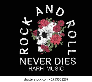 Never dies rock and roll vector vintage t-shirt design. Hard music skull and flower design. vintage t-shirt design.