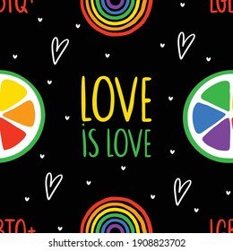 Never ending cute doodle pattern and lgbt rainbow  hearts  text   fruits  Gay pride  Pride Month  Love  freedom  support  lgbtq+ 