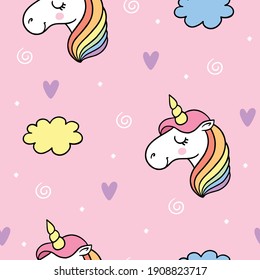 Never ending cute doodle pattern with lgbt rainbow, hearts, unicorn and clouds. Gay pride. Pride Month. Love, freedom, support, lgbtq+ 