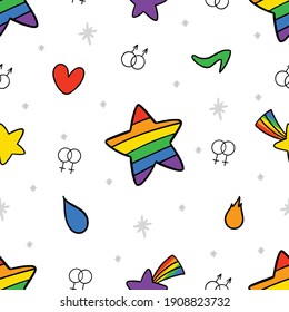 Never ending cute doodle pattern with lgbt rainbow, hearts, shoes, gender and stars. Gay pride. Pride Month. Love, freedom, support, lgbtq+ 