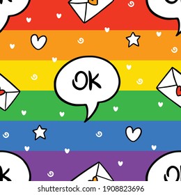 Never ending cute seamless pattern with lgbt rainbow, hearts, bubble and letter. Gay pride. Pride Month. Love, freedom, support, lgbtq+