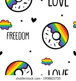 Never ending cute seamless pattern with lgbt rainbow, hearts, text and donuts. Gay pride. Pride Month. Love, freedom, support, lgbtq+ 