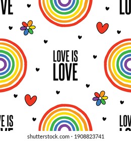 Un patrón sin fisuras, sin fin, con arcoíris lgbt, corazones, texto y flor. Orgullo gay. Mes del Orgullo. Amor, libertad, apoyo, lgbtq+ 