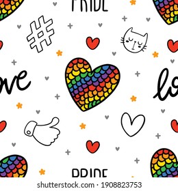 Never ending cute seamless pattern with lgbt rainbow, hearts, text, hashtag, like and cat. Gay pride. Pride Month. Love, freedom, support, lgbtq+ 