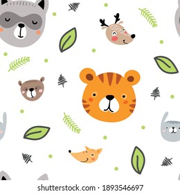 Never ending funny pattern for kids. Cute background with animal faces, dots, trees and leaves. Vector illustration for children fashion