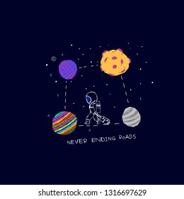 Never ending roads Universe Space travel Planet Star moon astronaut cosmos astronomy inspiration graphic design typography element. Hand drawn postcard. Cute simple vector paper cutout collage style