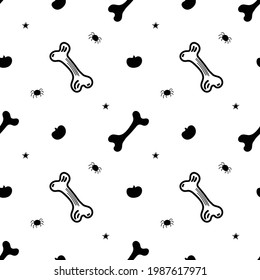 Never ending vector background with bones, spiders and pumpkins. Black and white doodle illustration for Halloween