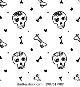 Never ending vector background with bones, cute skulls, stars and hearts. Black and white doodle illustration for Halloween