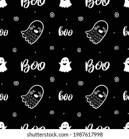 Never ending vector background with funny ghosts and hand written text. Black and white doodle illustration for Halloween