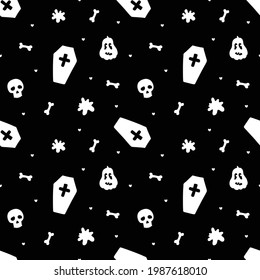 Never ending vector background with funny pumpkins, skulls, bones and coffins. Black and white doodle illustration for Halloween