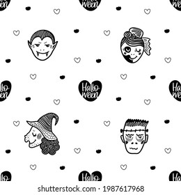 Never ending vector background with halloween characters, hearts and hand written text. Black and white doodle illustration, vampire, dead bride, witch and frankenstein