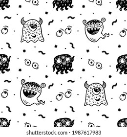Never ending vector background with halloween monsters, worms, bugs and eyes. Black and white doodle illustration