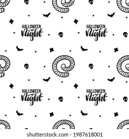 Never ending vector background with worms, skulls, bats and hand written text. Black and white doodle illustration for Halloween