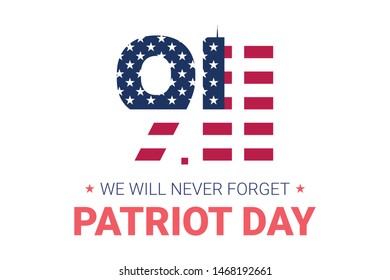 Never forget 9/11 Partiot day USA banner.  Patriot Day September 11, 2001. Design template, we will never forget. Digits made of ribbons with American flag's stars and stripes. Vector illustration 