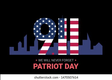 Never forget 9/11 Partiot day USA banner.  Patriot Day September 11, 2001. Design template, we will never forget. Digits made of ribbons with American flag's