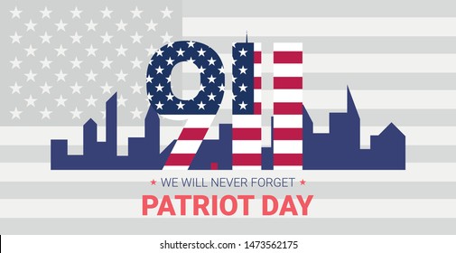 Never forget 9/11 Partiot day USA banner.  Patriot Day September 11, 2001. Design template, we will never forget. Digits made of ribbons with American flag's stars and stripes.