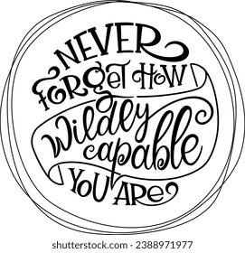 Never forget how wildly capable you are text. Handwritten calligraphy text for inspirational posters, cards and social media content. phrase isolated.