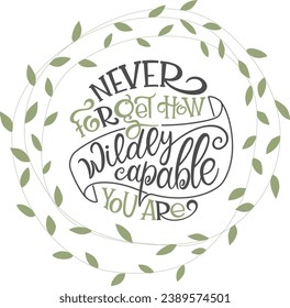 Never forget how wildly capable you are text. Handwritten calligraphy text for inspirational posters, cards and social media content. phrase isolated.