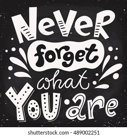 Never forget what you are. Motivational poster. Cool motivational lettering. Vintage style poster. Blackboard lettering. Chalkboard design. 