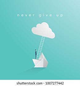 Never give up business vector concept with businessman on sinking boat. Symbol of motivation, determination, success, career growth. Eps10 vector illustration.