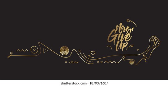 Never Give Up Calligraphic Gold Line art Text Poster with Raise Hand vector illustration Design.