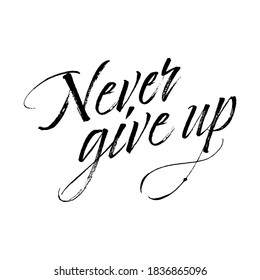 Never give up calligraphy. Brush painted hand lettering. Never give up motivational quote.