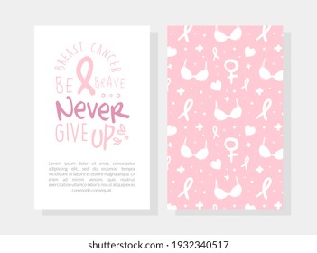 Never Give Up Card Template, Breast Cancer Banner, Brochure, Flyer, Magazine Cover Design Cartoon Vector Illustration