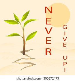 Never give up card. Vector illustration with motivational quote and tree sprout, growing in the desert
