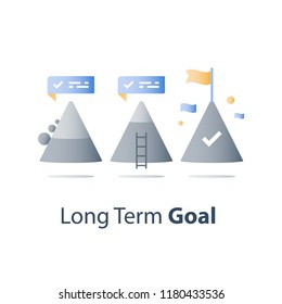 Never give up concept, mountain top, reach higher goal, accomplish challenge, next step level, long way to success, positive thinking, growth mindset, overcome obstacle, steady progress