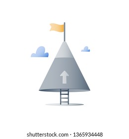 Never give up concept, mountain top, reach higher goal, accomplish challenge, next step level, long way to success, positive thinking, growth mindset, overcome obstacle, steady progress
