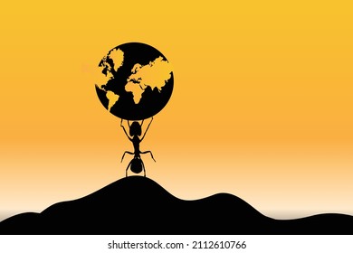 Never give up concept vector art, Motivational and inspirational art, Ant lifting earth. hope concept art, success illustration.