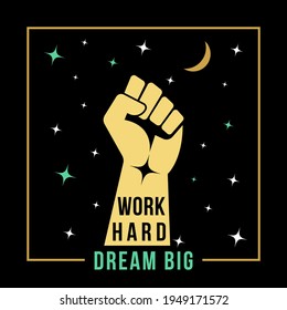 Never Give Up concept vector illustration. Fist aimed to the stars on black background