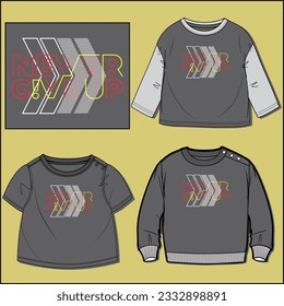 NEVER GIVE UP GRAPHIC DESIGN WITH VARIOUS MOCK UP BABY BOYS FULL SLEEVE T SHIRT,CREW NECK T SHIRT, SWEATSHIRT TYPES VECTOR ILLUSTRATION