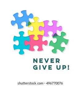 Never give up inspiring motivation quote with puzzle