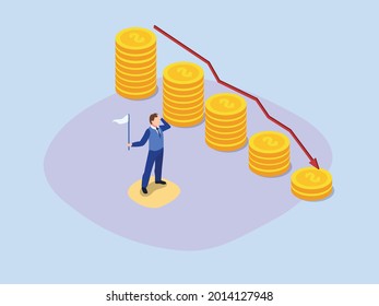 Never Give Up Isometric Vector Concept. Bankrupt Businessman Rise White Flag And Give Up With Declining Arrow Above Coins