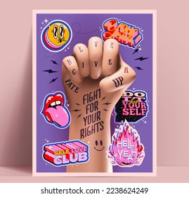 Never Give Up motivational poster design template with raised arm fist with motivational tattoos and retro funny stickers on purple background. Vector illustration