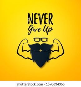 Never give up Motivational quote on yellow layout with biceps muscle, men Glasses, Mustache, Beard. Bodybuilder arms sign. For fitness club, gym. Fathers Day gift. Layered Vector Papercut flat style