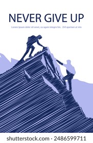 Never Give Up mountain climbers reaching summit teamwork motivation blue and purple tones outdoor adventure silhouette inspiring perseverance