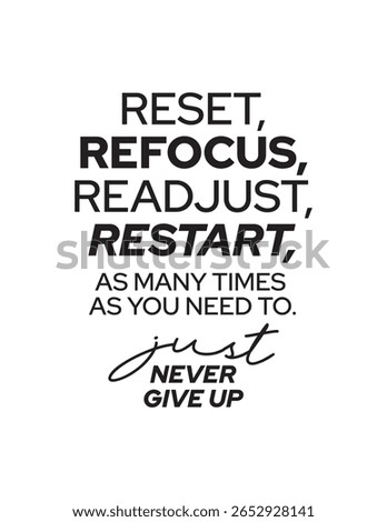 Never Give Up - Reset, Refocus, Restart. An empowering quote promoting resilience and persistence, encouraging continuous effort and learning from setbacks