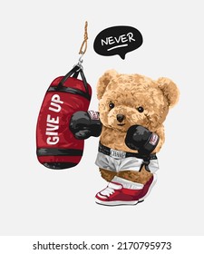 never give up slogan with bear doll boxing athletic training vector illustration