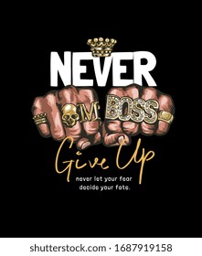 never give up slogan with fists in gold rings illustration on black background