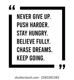 never give up, push harder, stay hungry, believe fully, chase dreams, keep going, inspirational design quote, motivational quotes, typography illustration lettering quotes