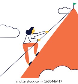 Never give up, strength and power. The woman feels determined by climbing a steep mountain side.