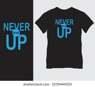 Diseño de camiseta "Never Give Up": texto amarillo y rojo en negrita en la camiseta negra, mensaje motivacional para resiliencia y determinación