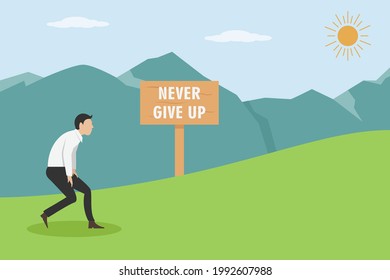 Never give up vector concept: Young businessman climbing the mountain with never give up text 