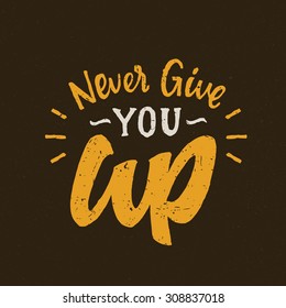 Never Give You UP Vintage hand made lettering motivational t shirt apparel fashion print graphics. Retro hand drawn quote phrase inspirational poster design. Home decor wall art. Vector Illustration.