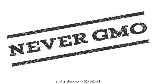 Never Gmo watermark stamp. Text caption between parallel lines with grunge design style. Rubber seal stamp with dirty texture. Vector gray color ink imprint on a white background.