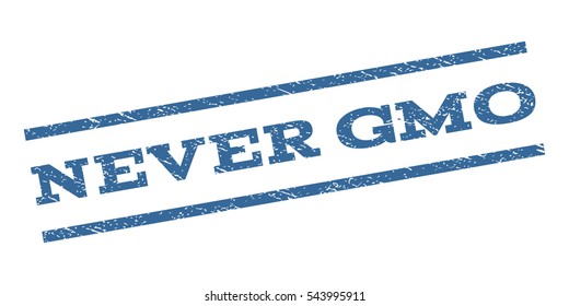 Never Gmo watermark stamp. Text tag between parallel lines with grunge design style. Rubber seal stamp with dust texture. Vector cobalt blue color ink imprint on a white background.