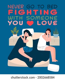 Geh nie ins Bett und kämpft mit jemandem, den du liebst. Eheprobleme. Bearbeitbare Vektorgrafik in hellen Farben einzeln auf dunklem Hintergrund. Portrait-Poster. Vertikales Banner. Flacher Cartoon-Stil